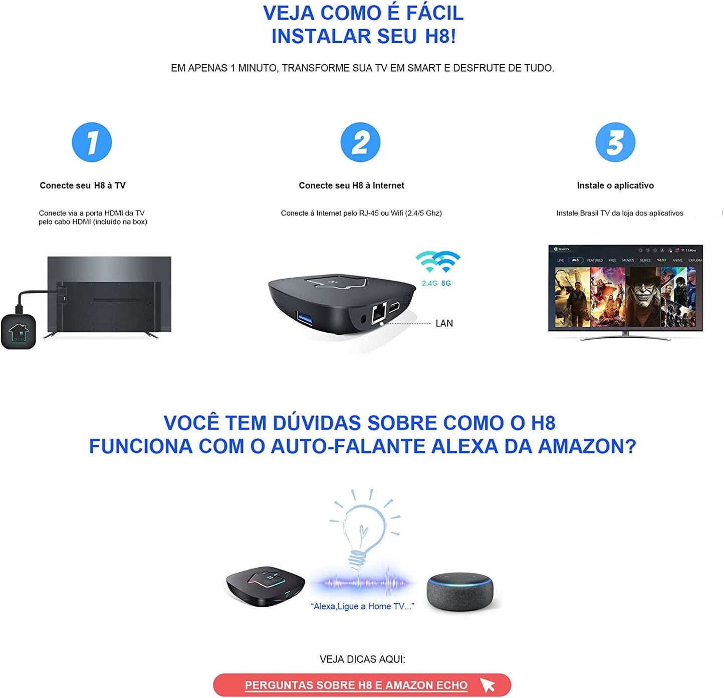 BRAATV 2025 H8 Box Brazil TV H8 Brazil Tv New Version Brazilian H8 Box Support 2.4GHz/ 5GHz WiFi 4K UHD Bluetooth 5.0 - Envio-Rapido